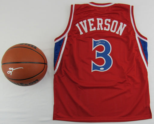 Allen Iverson Signed Replica 76ers Red Jersey & Basketball Lot JSA Witness