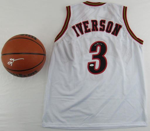 Allen Iverson Signed Replica 76ers White Jersey & Basketball Lot JSA Witness
