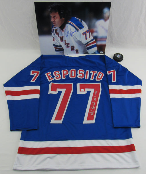Phil Esposito Signed Replica Rangers Jersey w/ Insc & 16x20 Photo & Hockey Puck Lot JSA Certified