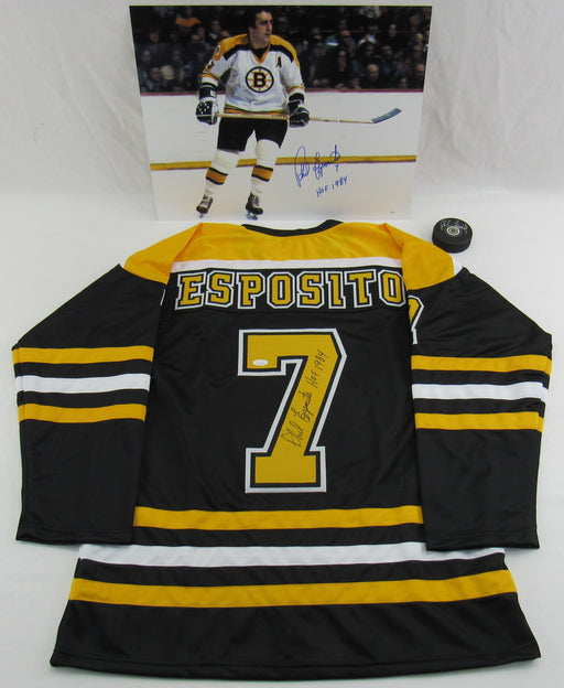 Phil Esposito Signed Replica Bruins Jersey w/ Insc & 16x20 Photo w/ Insc & Hockey Puck Lot JSA Certified