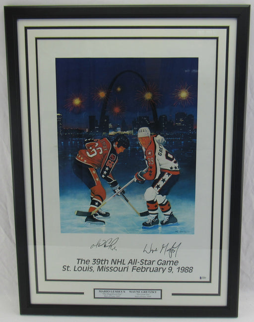 Wayne Gretzky Mario Lemieux Signed Framed All Star Game Poster Beckett A78469