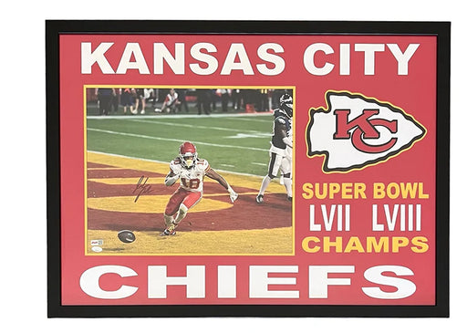 Isiah Pacheco Signed Kansas City Framed Football 28x38 Photo (JSA)