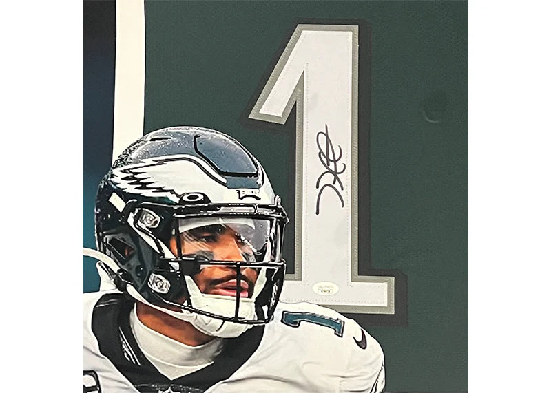 Jalen Hurts Signed Philadelphia Green Framed Jersey 39x27 (JSA)