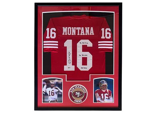 Joe Montana Signed 4x SB Champ - 3x SB MVP - HOF 2000 Inscription San Francisco Framed Jersey 34x42 (Beckett)