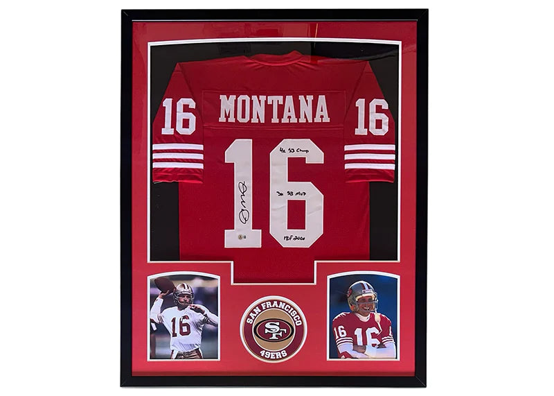 Joe Montana Signed 4x SB Champ - 3x SB MVP - HOF 2000 Inscription San Francisco Framed Jersey 34x42 (Beckett)