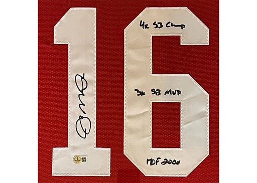 Joe Montana Signed 4x SB Champ - 3x SB MVP - HOF 2000 Inscription San Francisco Framed Jersey 34x42 (Beckett)