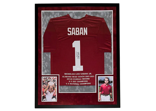 Nick Saban Signed Alabama College Framed Jersey 42x34 (JSA)