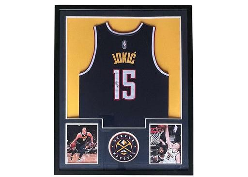 Nikola Jokic Signed Denver Blue Framed Jersey Basketball 34x42 Photo (JSA)
