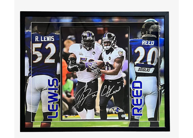 Ray Lewis Ed Reed Signed Baltimore 3D Light Up Framed Football 16x20 Photo (Beckett)