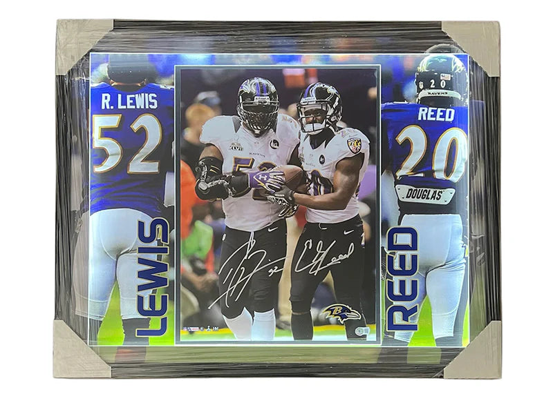 Ray Lewis Ed Reed Signed Baltimore 3D Light Up Framed Football 16x20 Photo (Beckett)
