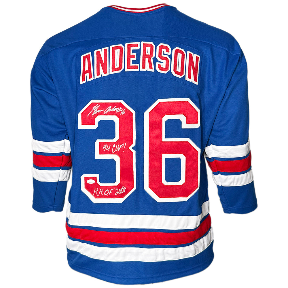 Glenn Anderson Signed 94 Cup - HOF 2008 Inscription New York Blue Hockey Jersey (JSA)