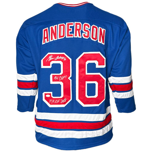 Glenn Anderson Signed 94 Cup - HOF 2008 Inscription New York Blue Hockey Jersey (JSA)