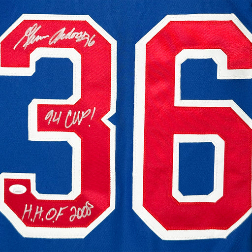 Glenn Anderson Signed 94 Cup - HOF 2008 Inscription New York Blue Hockey Jersey (JSA)