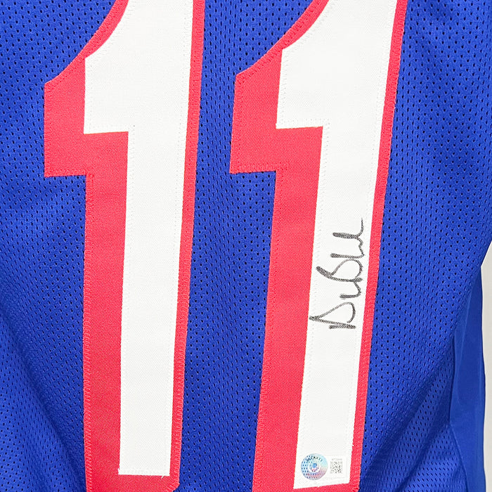 Drew Bledsoe Signed New England Royal Blue Football Jersey (JSA)