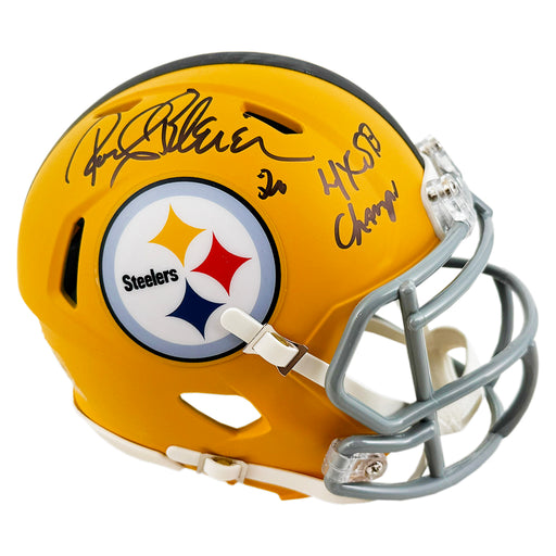 Rocky Bleier Signed 4x SB Champs Inscription Pittsburgh Steelers Alt 2025 Speed Mini Football Helmet (JSA)