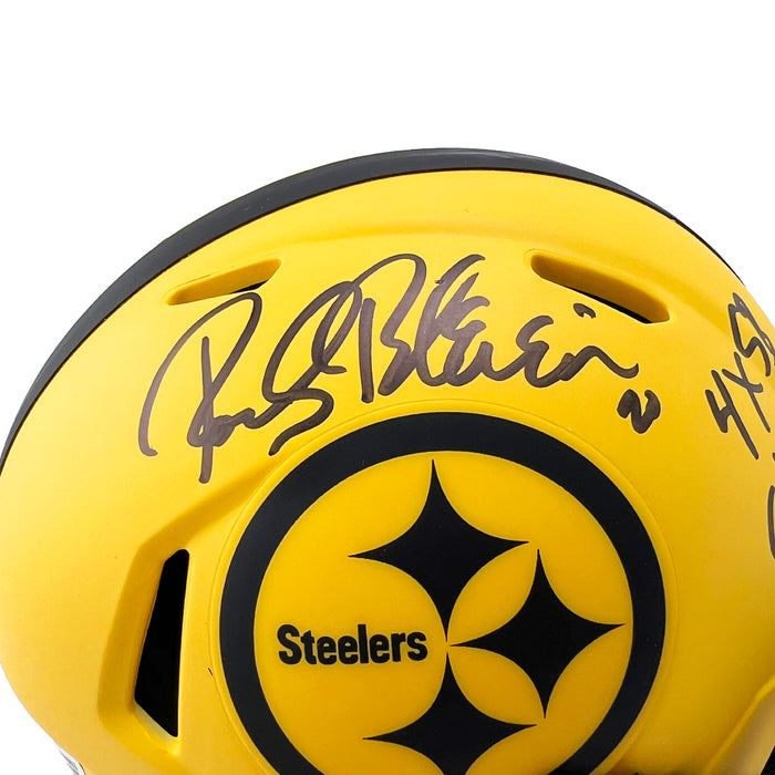 Rocky Bleier Signed 4x SB Champs Inscription Pittsburgh Steelers Rave Mini Football Helmet (Beckett)