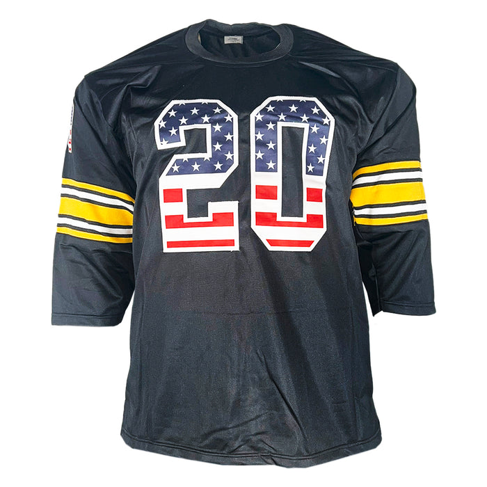 Rocky Bleier Signed 4x SB Champs Inscription Pittsburgh American Flag Football Jersey (Beckett)