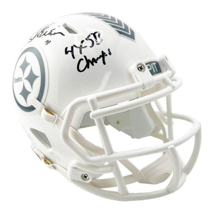 Rocky Bleier Signed 4x SB Champs Inscription Pittsburgh Steelers Salute to Service 2024 Mini Football Helmet (Beckett)