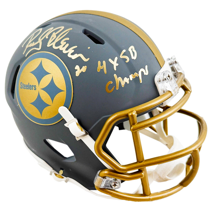 Rocky Bleier Signed 4x SB Champs Inscription Pittsburgh Steelers Slate Alternate Speed Mini Football Helmet (JSA)