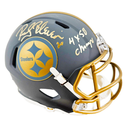 Rocky Bleier Signed 4x SB Champs Inscription Pittsburgh Steelers Slate Alternate Speed Mini Football Helmet (JSA)