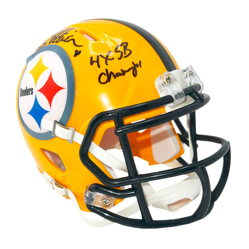 Rocky Bleier Signed 4x SB Champs Inscription Pittsburgh Steelers Throwback Gold Speed Mini Football Helmet (Beckett)
