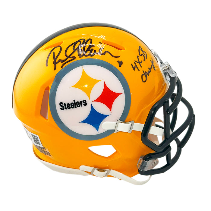 Rocky Bleier Signed 4x SB Champs Inscription Pittsburgh Steelers Throwback Gold Speed Mini Football Helmet (Beckett)