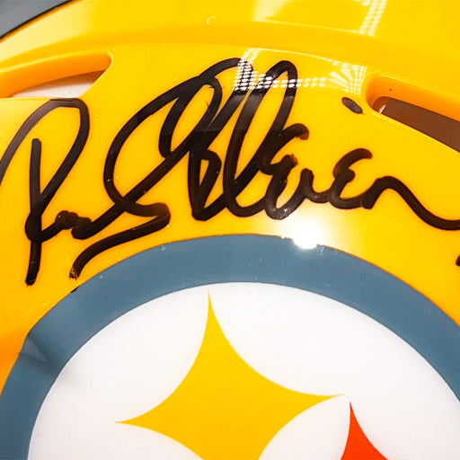 Rocky Bleier Signed 4x SB Champs Inscription Pittsburgh Steelers Throwback Gold Speed Mini Football Helmet (Beckett)