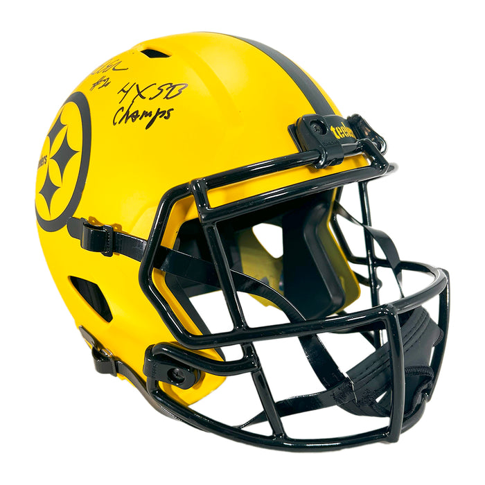 Rocky Bleier Signed 4x SB Champs Inscription Pittsburgh Steelers Rave Full-Size Replica Football Helmet (Beckett)