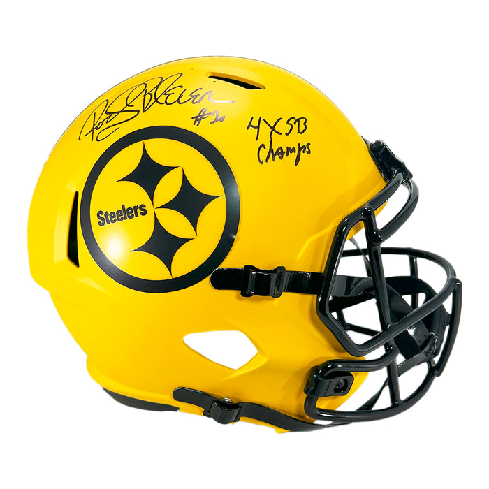 Rocky Bleier Signed 4x SB Champs Inscription Pittsburgh Steelers Rave Full-Size Replica Football Helmet (Beckett)