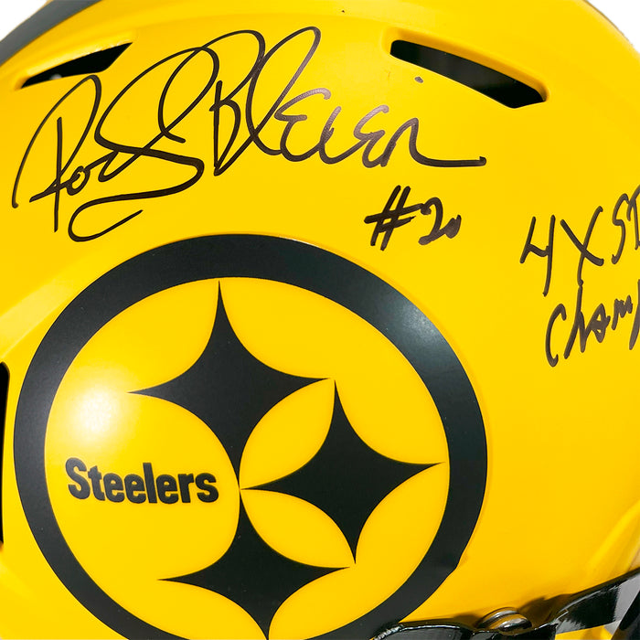 Rocky Bleier Signed 4x SB Champs Inscription Pittsburgh Steelers Rave Full-Size Replica Football Helmet (Beckett)