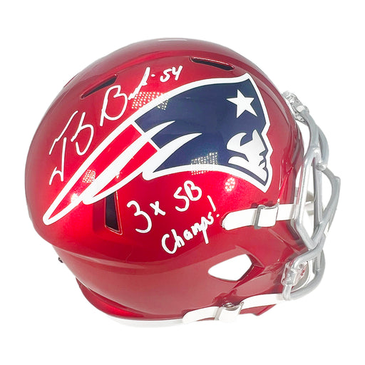 Tedy Bruschi Signed 3x SB Champs Inscription New England Patriots Flash Speed Full-Size Replica Football Helmet (Beckett)