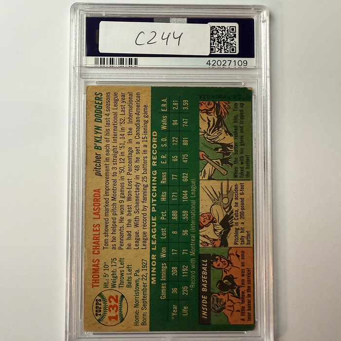 Tommy Lasorda Signed 1954 Topps Rookie #132 HOF 97 PSA 10 Auto