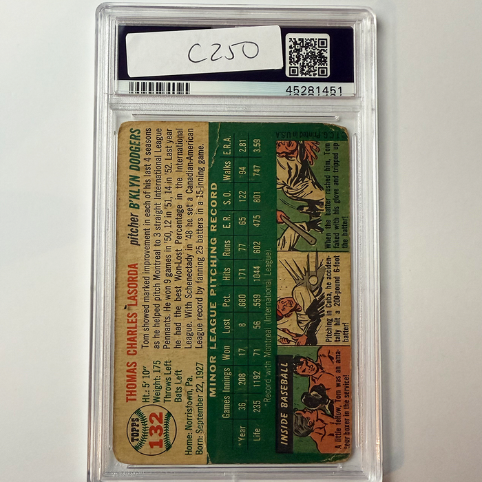 Tommy Lasorda Signed 1954 Topps Rookie #132 HOF 97 PSA 10 Auto