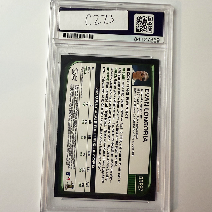 Evan Longoria Signed 2008 Bowman #BDP27 Rookie PSA Auto Authentic