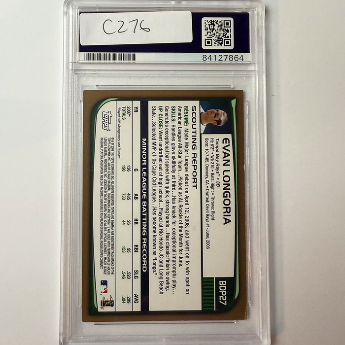 Evan Longoria Signed 2008 bowman Gold #BDP27 Rookie PSA Auto Authentic