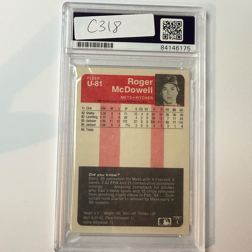 Roger McDowell Signed 1985 FleerUpdate  Rookie #U81 1986 World Champs PSA Auto Auth