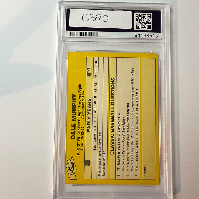 Dale Murphy Signed 1987 Classic Yellow Update #106 PSA Auto Authentic