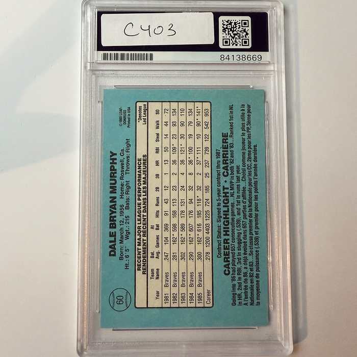 Dale Murphy Signed 1986 Donruss leaf #60 PSA Auto Authentic