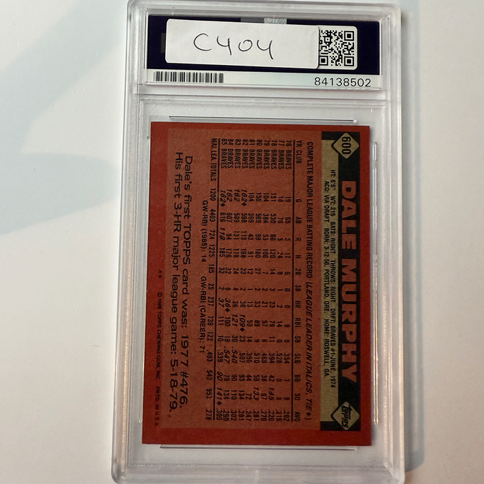 Dale Murphy Signed 1986 Topps #600 PSA Auto Authentic