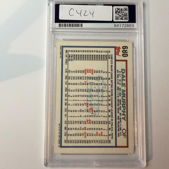 Dale Murphy Signed 1992 Topps #680 w/2 Inscriptions PSA Auto Authentic
