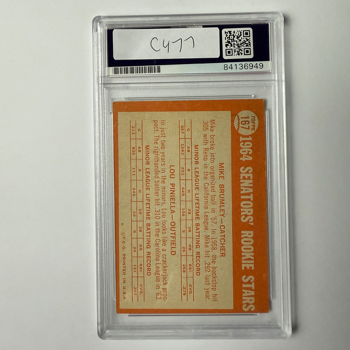 Lou Piniella Signed 1964 Topps Rookie Inscribed #167 PSA Auto Authentic