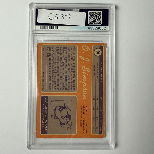 OJ Simpson Signed 1970 Topps Rookie #90 HOF 85, "Juice" PSA 10 Auto