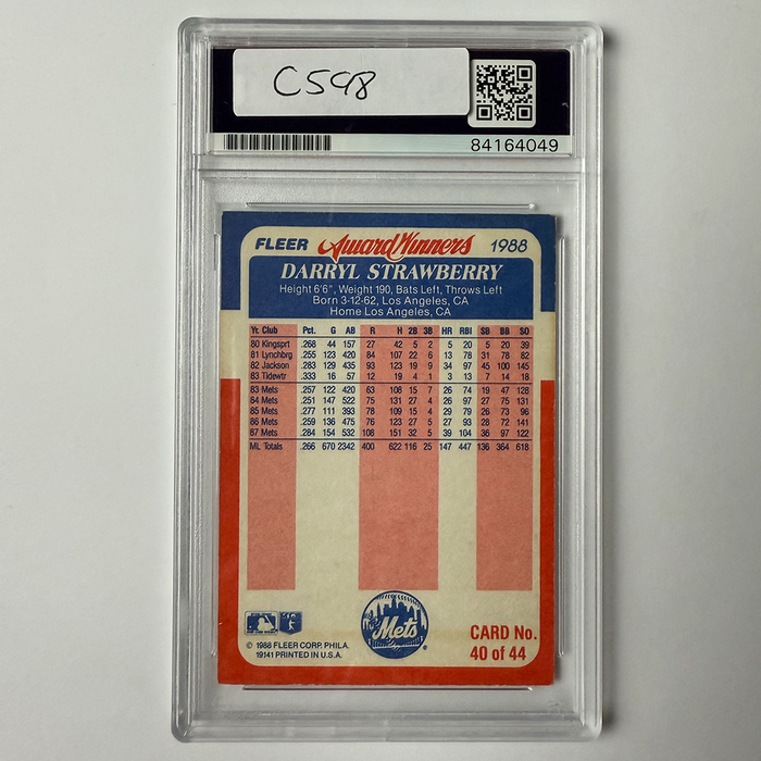 Darryl Strawberry Signed 1988 FLeer Award Winners #40 PSA Auto Authentic