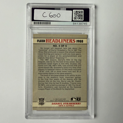 Darryl Strawberry Signed 1988 Fleer Headliners #4 PSA Auto Authentic