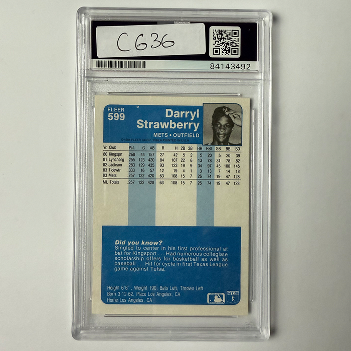 Darryl Strawberry Signed 1984 Fleer Rookie #599 w/4 Inscriptions!! PSA Auto Authentic