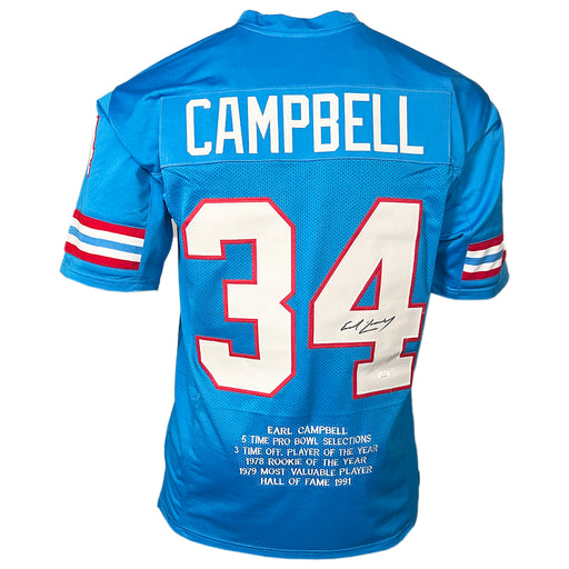 Earl Campbell Signed Houston Light Blue Stats Football Jersey (JSA)
