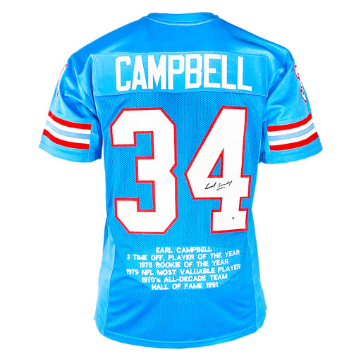 Earl Campbell Signed Stats Houston Light Blue Football Jersey (JSA)