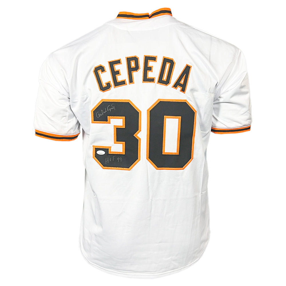 Orlando Cepeda Signed HOF 99 Inscription San Francisco White Baseball Jersey (JSA)