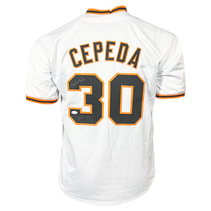 Orlando Cepeda Signed HOF 99 Inscription San Francisco White Baseball Jersey (JSA)