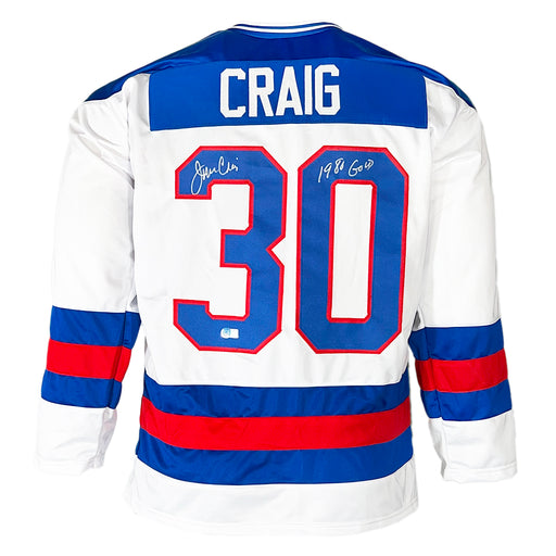 Jim Craig Signed 1980 Gold Inscription Team White Hockey Jersey (Beckett)